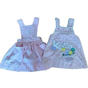 2 Vintage Dress monogrammed KAREN Pink Easter LOOK smock lace apron
